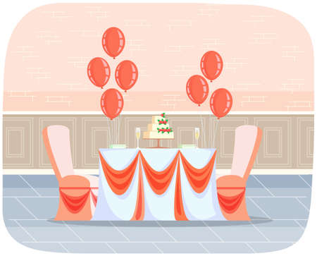 Decoration with wedding cake and balloons. Restaurant table for two person. Served table with dishesのイラスト素材