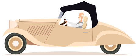 Happy elderly man driving beige car. Old retro automobile without windows, ancient convertibleのイラスト素材