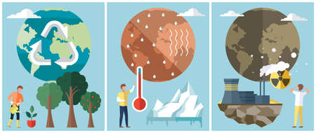 Set of illustrations on theme of environmental care and problems with nature on planet Earth