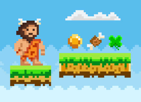 Pixelated natural landscape with caveman near pixel-game bonuses golden coin, meat bone, leafのイラスト素材