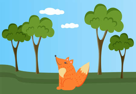 Fox is resting in clearing. Wild animal in nature. Forest landscape with trees and greeneryのイラスト素材