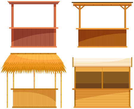 Set of illustrations about wooden outdoor bars. Establishment for sale of alcoholic beveragesのイラスト素材