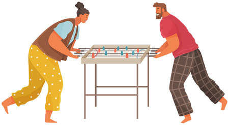 Cheerful couple with board game. Man and woman play table football together in room near stairsのイラスト素材