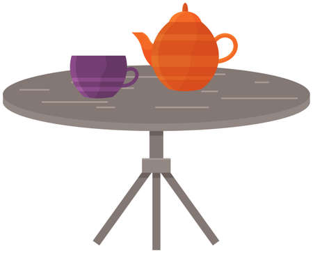 Small table with tea tableware, teapot and cup of coffee, multicolored service. Interior furnitureのイラスト素材