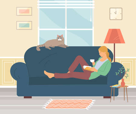 Girl drinking tea and reading book on couch at home. Cat lies on sofa against background of windowのイラスト素材