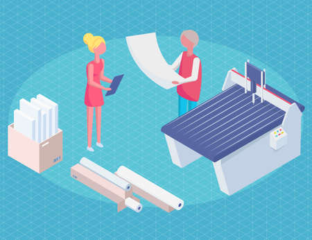 Set of equipment for work in printing. Copier, printer, paper cutter isolated on white backgroundのイラスト素材