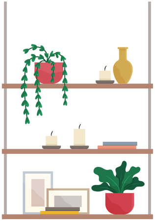 Shelves with books, potted plants, candles, paintings and vases. Shelving for items and decorのイラスト素材