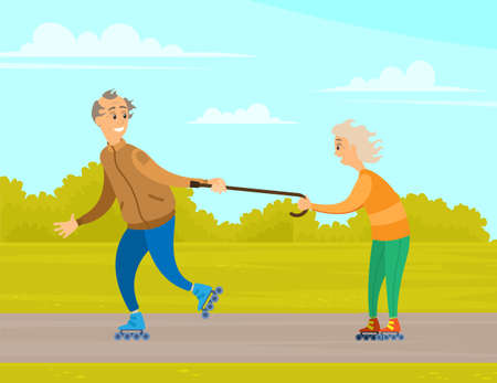 Elderly people man and woman riding on rollers in city park. Outdoor activity for retired peopleのイラスト素材