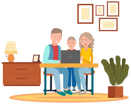 Dad mom and son sitting together near table with computer. Parents teach boy to work on laptopのイラスト素材