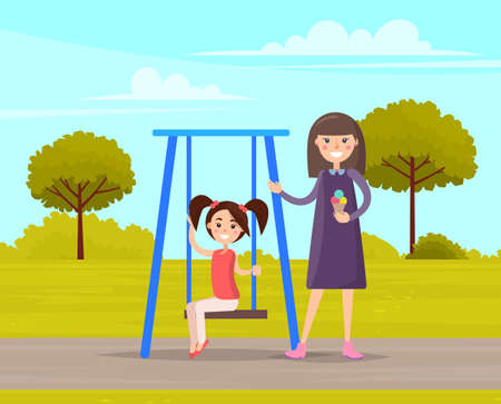Woman walking with daughter girl swinging on slide swing at playing field outdoor family activitiesのイラスト素材