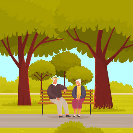 Old woman and man are resting and sitting on bench in park. Meeting of retirees from nursing homeのイラスト素材