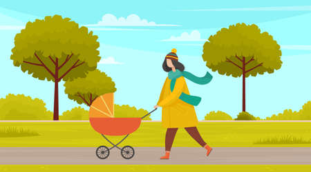 Young parent strolling in park with orange baby stroller. Mother rolls stroller with newbornのイラスト素材