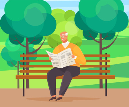 Old man with glasses sitting and reading newspaper on bench in city garden with green treesのイラスト素材