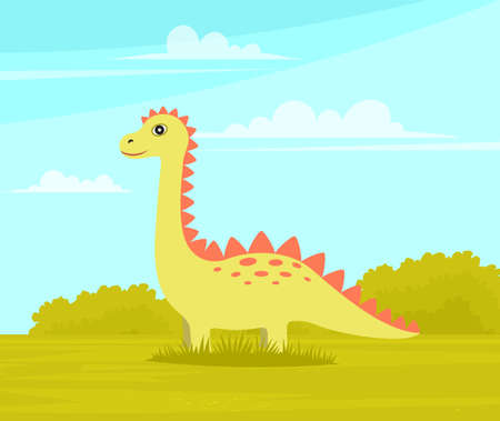 Little Dragon yellow cute cartoon character. Funny ancient animal in green meadow flat vector iconのイラスト素材