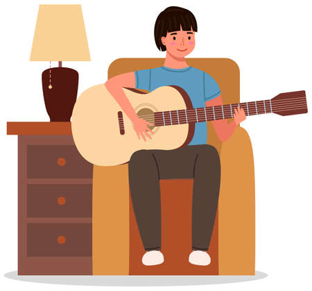 Young man playing guitar at home. Private guitar lessons. Guy sitting on armchair with musical instrument. Male character learning to play guitar. Guitarist creates music vector illustrationのイラスト素材