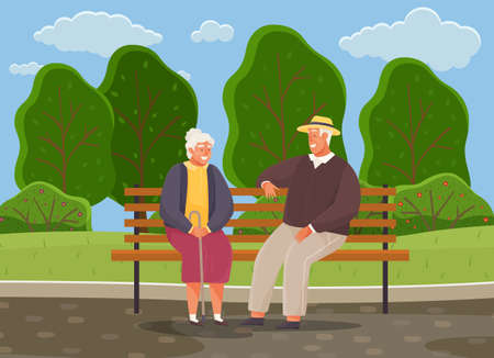Old woman and man are resting and sitting on bench in park. Grandmother with cane smiling at man in hat. Rendezvous of retirees from nursing home. Elderly people spend time talking together outdoorsのイラスト素材