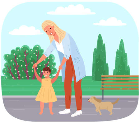 Mother teaches her child to walk. Baby makes first steps. Family walking in summer park with their dog. Parent spends time with child in nature. Mom holds baby by hands while walking with petのイラスト素材
