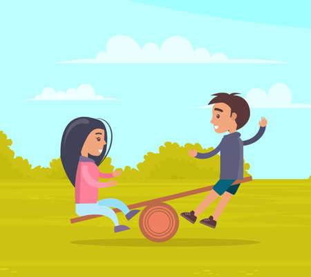 Happy cartoon kids playing in playground on backyard. Childrens summer playground with slide swings in modern kindergarten. Kids summer outdoor activities. Girl and boy play together at playing fieldのイラスト素材