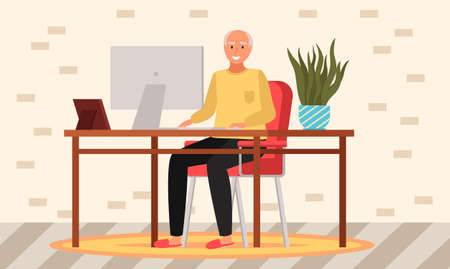 Old people play video game. Modern senior people gadgets. Oldster education computer. Old progressive use modern technology. Learning to use PC. Elderly couple gadgets. Aging parents video conferenceのイラスト素材