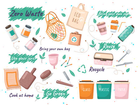 Zero waste  design template set. No plastic and usage of environmentally friendly items. Bath and kitchen utensils made from organic natural materials. Reusable objects without harm to natureのイラスト素材