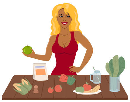 Organic food, diet, natural fresh products. Slender girl holding apple in her hands. Blonde woman preparing, cooking healthy vegetarian vegetable dish. Proper nutrition and vegetarianism conceptのイラスト素材
