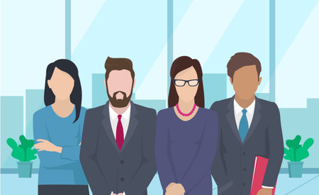 Business team ready to work. Teamwork. Coworkers characters communication. Team building and business partnership. Businessmen people cooperation collaboration. Office workers clerks standing togetherのイラスト素材