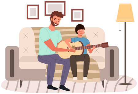 Father spend time with his child. Dad teaches his son how to play guitar. Parent and kid happy together at home. Musician teaches child to make music. Guitar and music lesson vector illustrationのイラスト素材