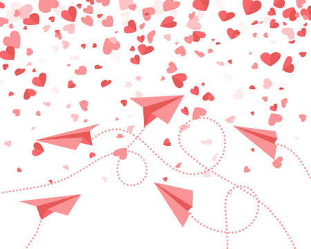 Airplanes made of red paper and hearts on white background. Aircraft fly between valentines. Template on theme of love and romance. Pattern design with aircrafts and hearts vector illustrationのイラスト素材