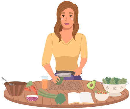 Woman preparing salad using vegetarian ingredients in kitchen. Proper nutrition, healthy lifestyle and vegetarianism concept. Process of cooking vegetarian food. Girl cuts vegetables for healthy dishのイラスト素材