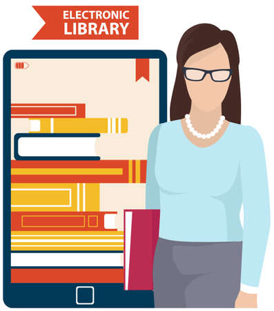Electronic online library on smartphone. Distance education with modern technology application in phone. Woman teacher standing next to screen with virtual textbook and stack of multicolored booksのイラスト素材