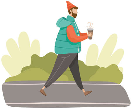 Man walking in forest or park alone. Guy drinking coffee while walking in cold weather. Person in warm clothes spends time outdoors. Male character with hot drink in autumn walks through parkのイラスト素材