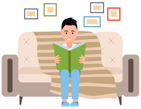 Teen boy sitting on couch and reading book. Man studying textbook. Person spends time and rests in apartment with paper book. Male character is reading literature at home vector illustrationのイラスト素材