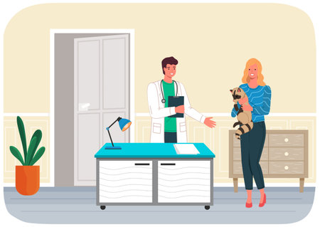 Veterinary care. Veterinarian man with woman pet owner holding raccoon in medical office. Person brought forest animal for treatment to doctor. Visit to vet clinic to check health of domestic animalのイラスト素材