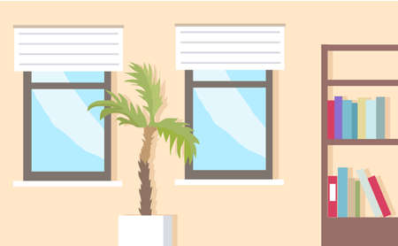 Cartoon background of corridor or office with window, plant in ceramic pot and closed door. Indoor furniture design, modern home interior elements. Contemporary furniture for living room or homeのイラスト素材