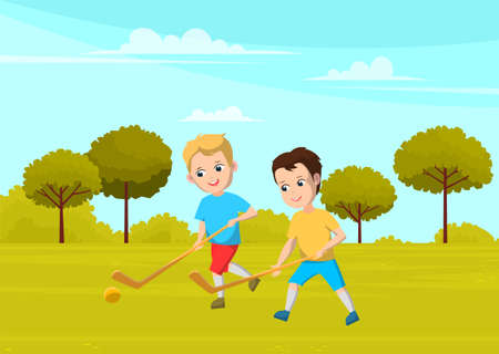 Sport school club, young boys playing field hockey on grass with sticks and ball. Team game for active leisure time after classes. Flat cartoon style cheerful children running, outdoors competitionのイラスト素材