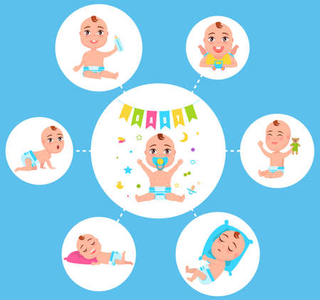 Infant newborn baby set in different activity isolated on white. Child small boy and girl cute little baby plays with toy, drinks from bottle, crawls, sleeps and rejoices sitting with garland of flagsのイラスト素材