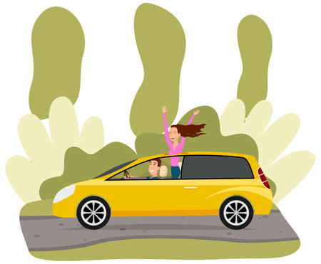 Couple driving yellow automobile. Characters in relationship in transport on background of nature landscape. Family travel car, station wagon with driver and his gitlfriend. Girl gets out of car hatchのイラスト素材