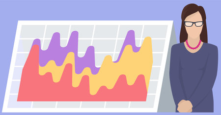 Woman studies statistics. Data analysis on banner with charts. Businesswoman looks at board with diagram. Female character in dress office worker. Statistical indicators shown on presentation boardのイラスト素材