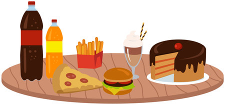 Fast food meal set vector illustration. Classic cheese burger with grilled meat, French fries, cake, pizza and soft drink cup. Fatty unhealthy high-calorie foods isolated on white backgroundのイラスト素材