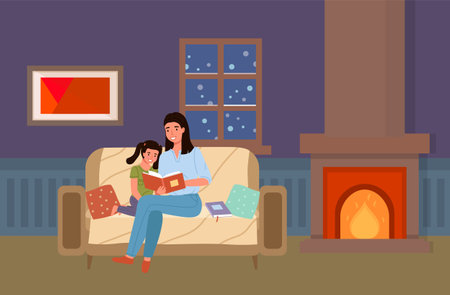 Mom telling fairy tales while putting her daughter to sleep at bed time. Mother reads book to her child at night. Family spends time together before bed. Parent and child are reading literatureのイラスト素材