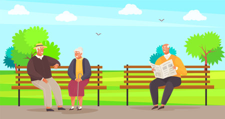 Elderly couple spend time in city park sitting on bench. Man sitting and reading newspaper in garden. Rest of old-aged people outdoors. Grandmother and grandfather talking while sitting on benchのイラスト素材