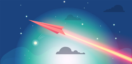 Flying airplane with luminous air route on dark background. Aircraft flies and leaves bright glowing light. Paper airplane launch to outer space with planets and comets. Vector design with aircraftのイラスト素材