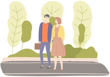 Happy couple in love walking in park. Tall guy spends time with pretty girl outdoors. Outdoor activity vector. People in relationship walk on fresh air. Man and woman walking in embrace on dateのイラスト素材