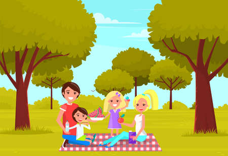 Picnic in forest or park in spring. Happy family with fresh fruits and ice cream. Group of people drinking and eating food outdoors. Parents with children having fun and relaxing in nature summertimeのイラスト素材