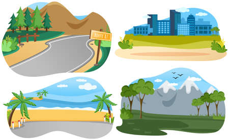 Adventure time, multicolored poster with beautiful landscapes scenes set. Road travel around world. Active lifestyle, outdoors recreation. Travelling people and leisure at nature vector templateのイラスト素材