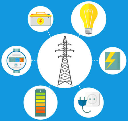 Silhouette high voltage power lines on blue background, black and white vector illustration with...