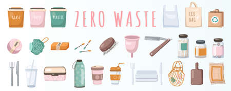 Zero waste   design template set. No plastic and usage of environmentally friendly items. Bath and...