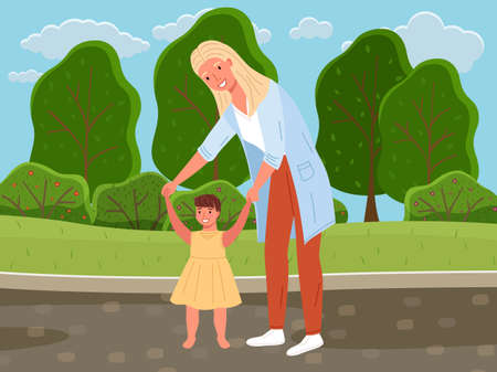 Mother teaches her daughter to walk walk on her own. Baby takes first steps. Family is walking in summer park. Parent spends time with child in nature. Mom holds baby by hands while walkingのイラスト素材