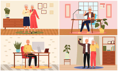 Old people play video game. Modern senior people gadgets. Oldster education computer. Old progressive use modern technology. Learning to use PC. Elderly couple gadgets. Aging parents video conferenceのイラスト素材