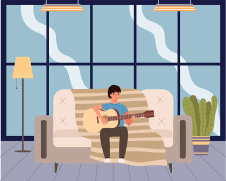 Young person playing guitar at home. Guy sitting on couch with musical instrument. Male character learning to play guitar. Guitarist creates music vector illustration. Boy playing song in apartmentのイラスト素材